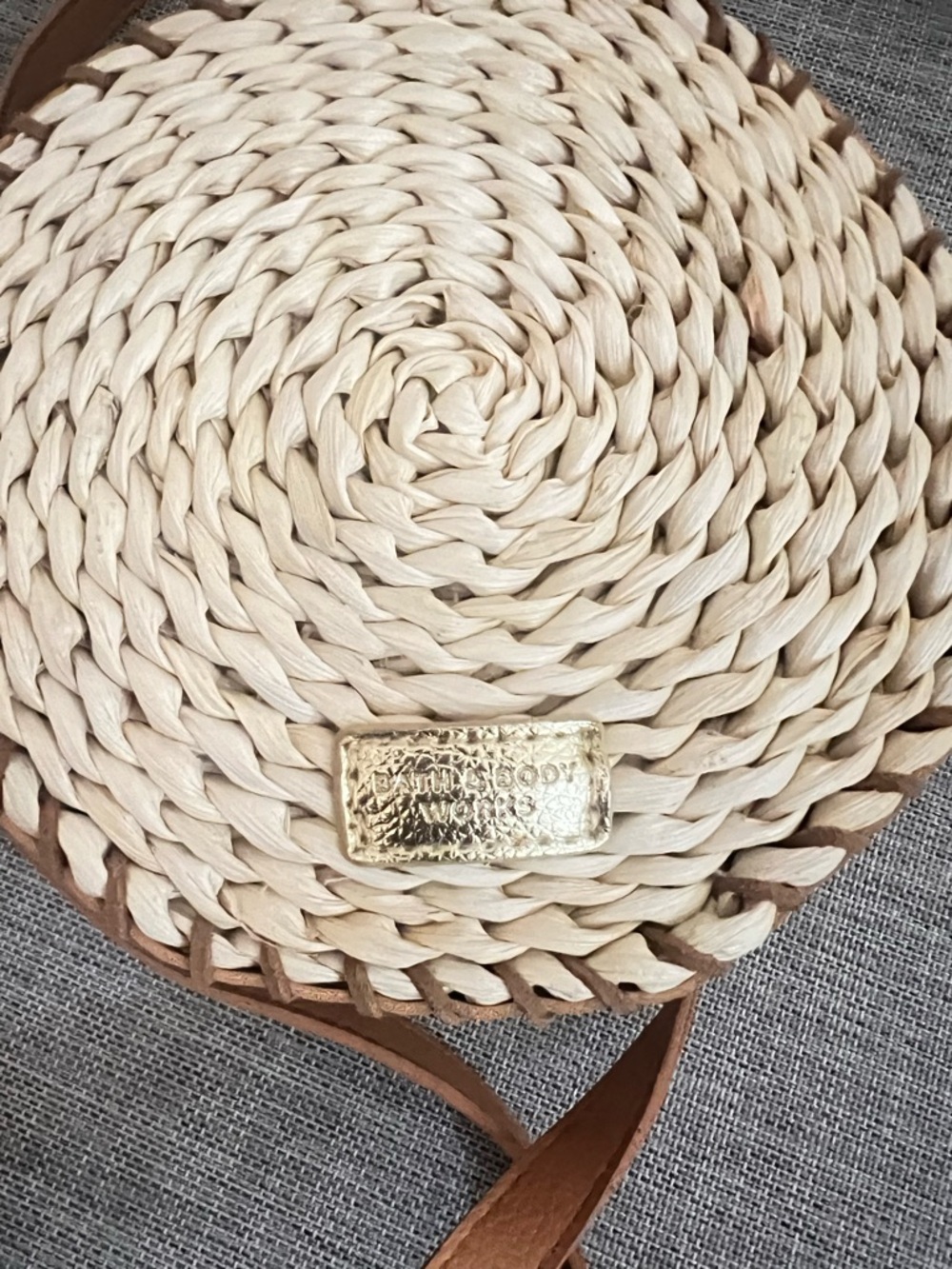 Bath & Body Works Woven Round Mini Bag in Cream and Brown with Gold Plaque
